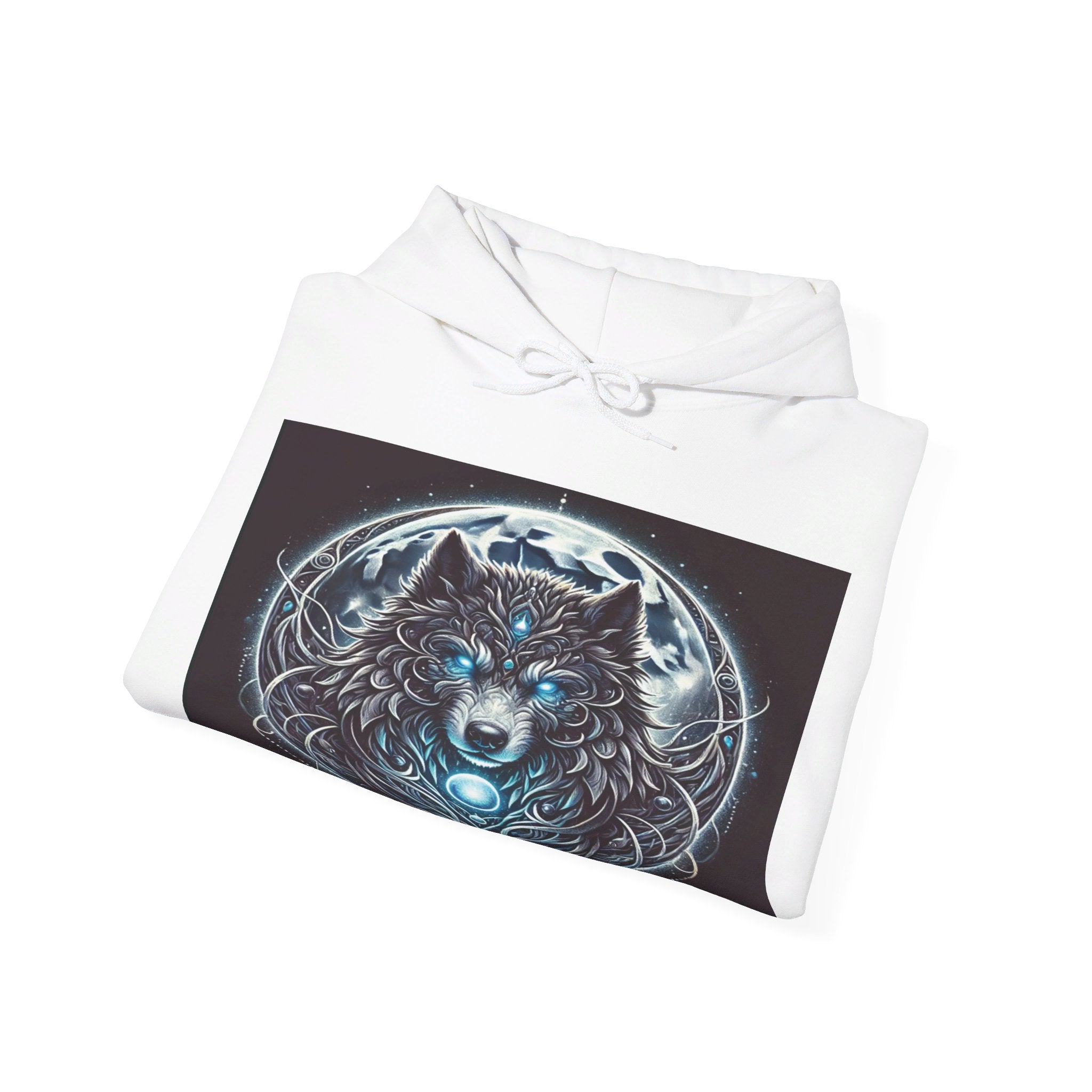 Moonfall Series Blue-Eyed Wolf Moon Hoodie Unique Graphic Hooded Sweatshirt Outdoor Enthusiasts