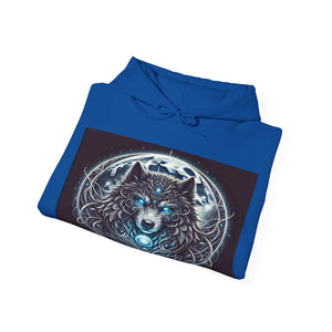 Moonfall Series Blue-Eyed Wolf Moon Hoodie Unique Graphic Hooded Sweatshirt Outdoor Enthusiasts