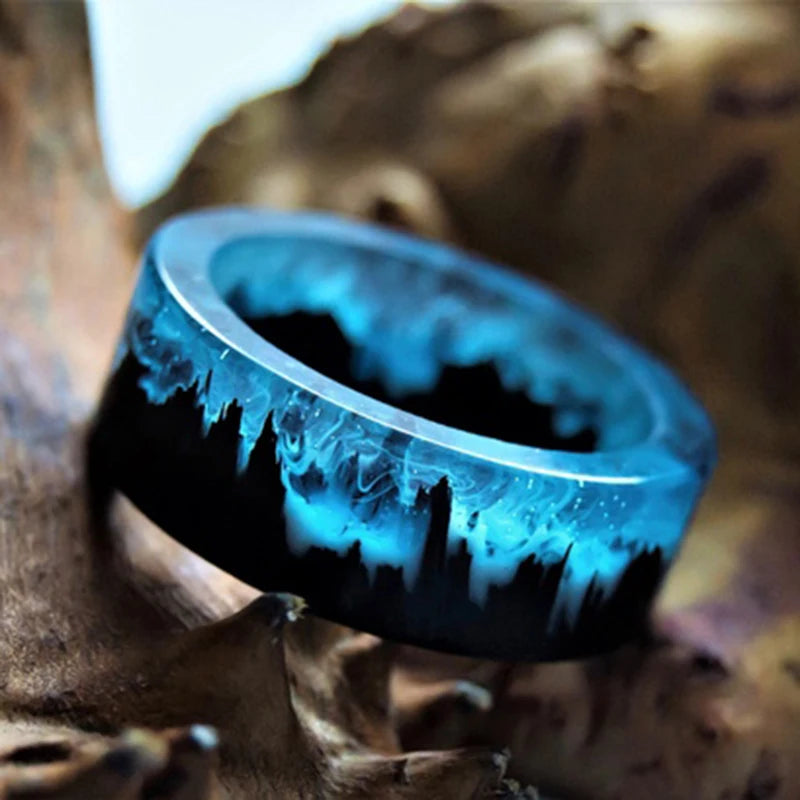 Blue Resin Rings Wood Resin Landscape Ring Natural Scenery Epoxy Resin Rings Jewelry