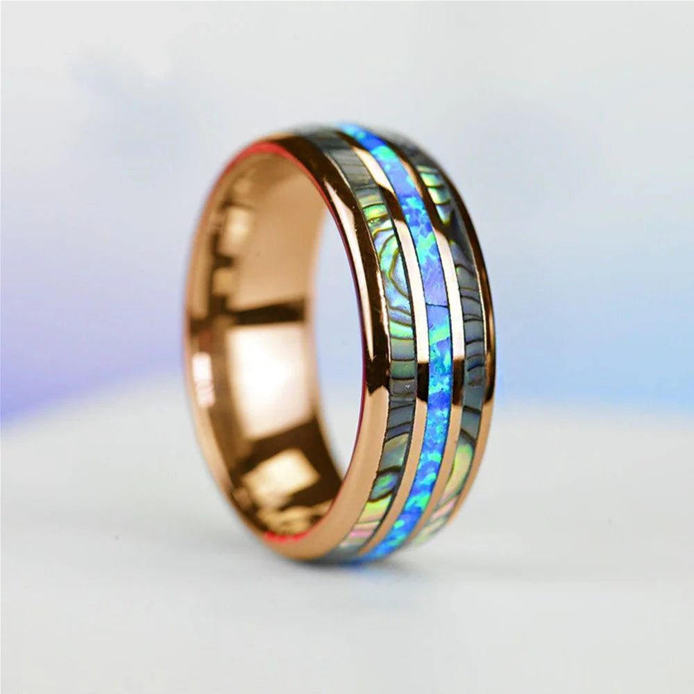 Rose Gold Color Stainless Steel Rings Shell Blue Opal Jewelry