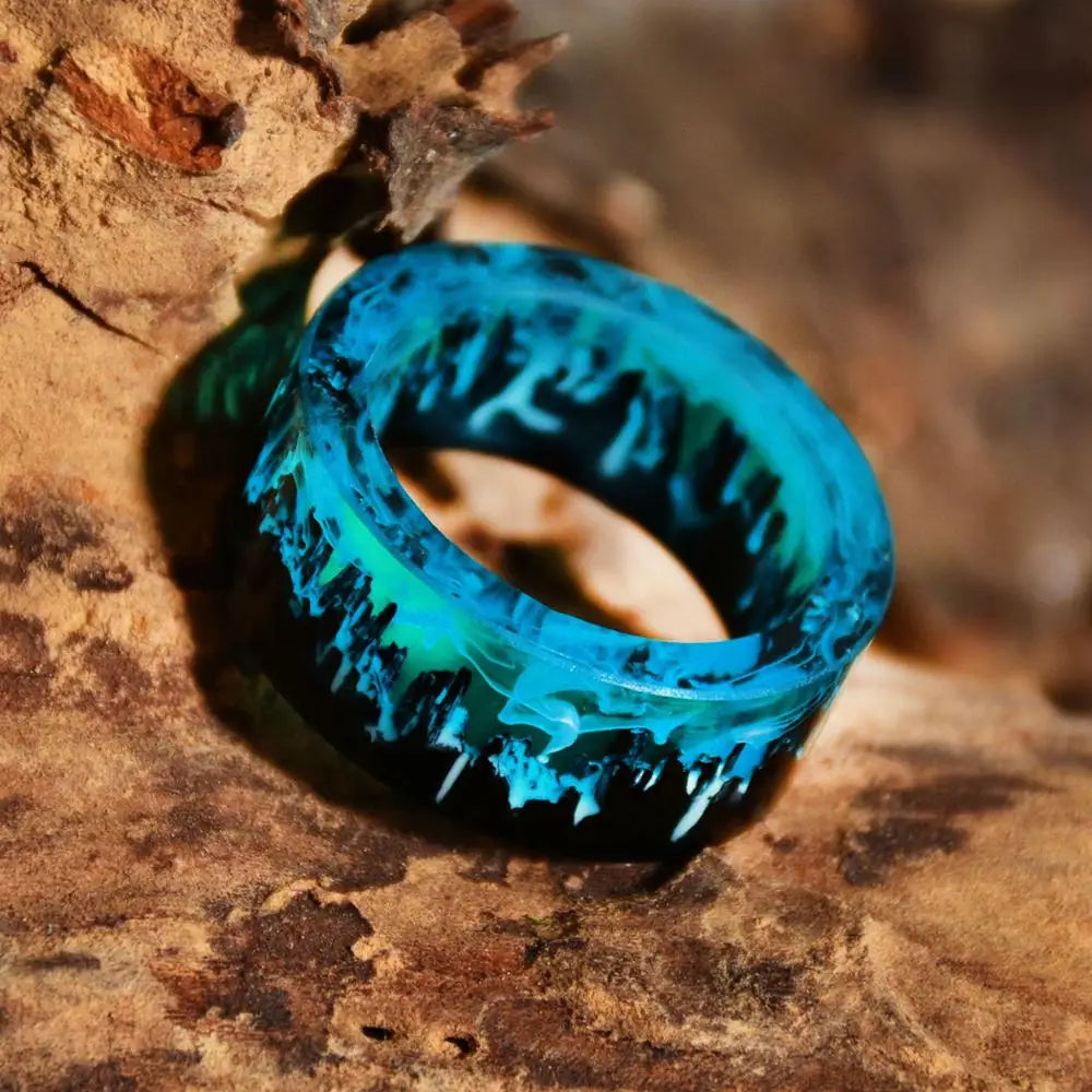 Blue Resin Rings Wood Resin Landscape Ring Natural Scenery Epoxy Resin Rings Jewelry