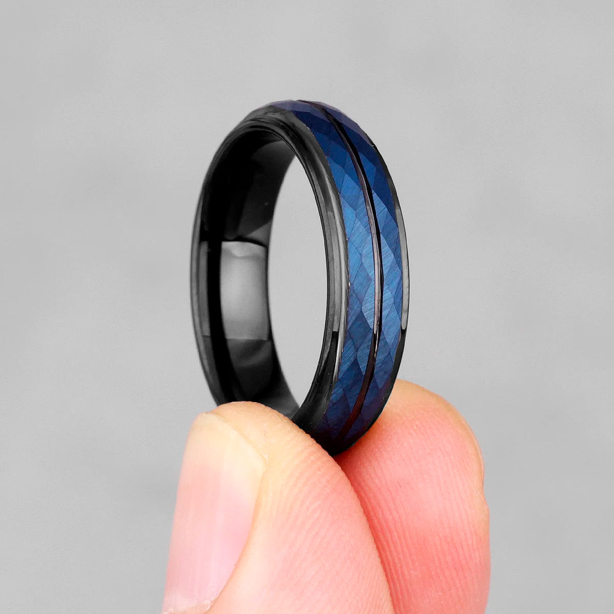 Black Blue Rhombus Cut Ring Charm Luxury Gentleman Jewelry