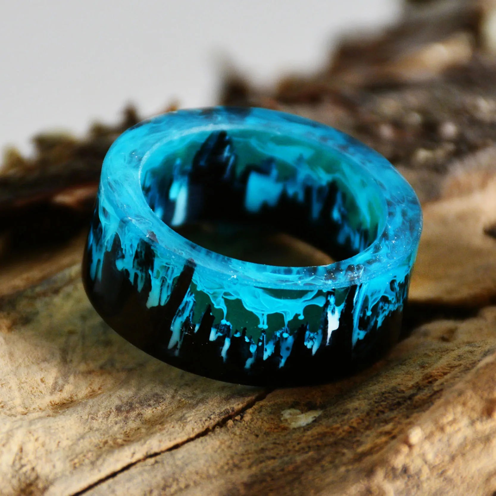 Blue Resin Rings Wood Resin Landscape Ring Natural Scenery Epoxy Resin Rings Jewelry