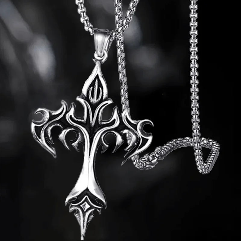 Flame Cross Pendant Chain Necklace Long Cross Jewelry Chain