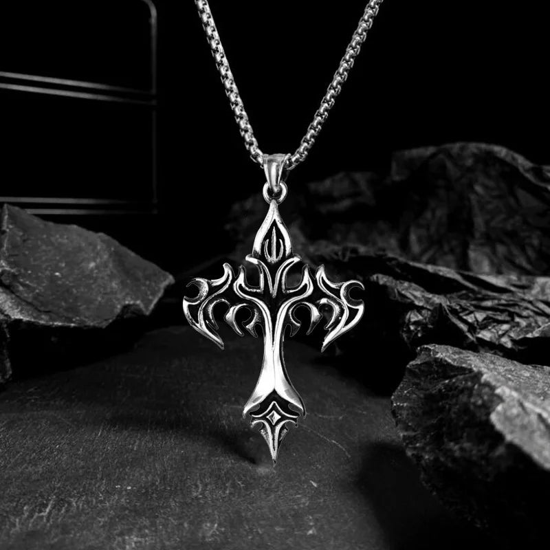 Flame Cross Pendant Chain Necklace Long Cross Jewelry Chain