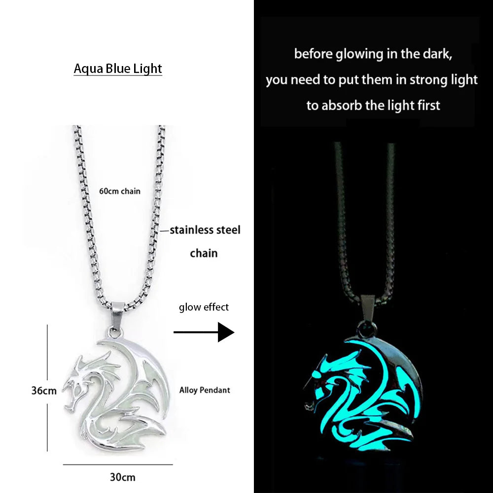 Stainless Steel Chain Luminous Dragon Pendant Glowing Necklace Night Glow In The Dark Necklace