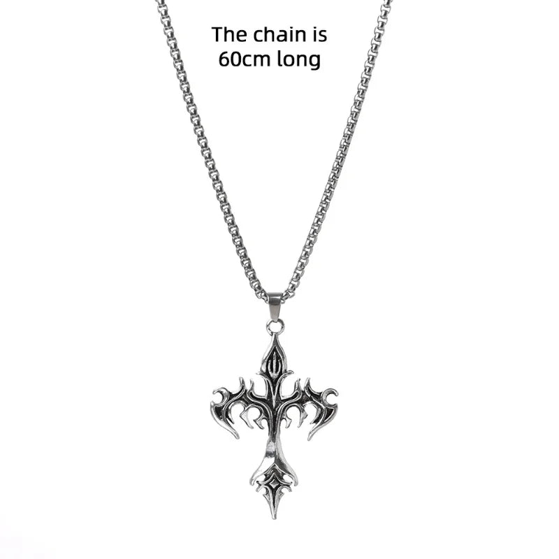 Flame Cross Pendant Chain Necklace Long Cross Jewelry Chain