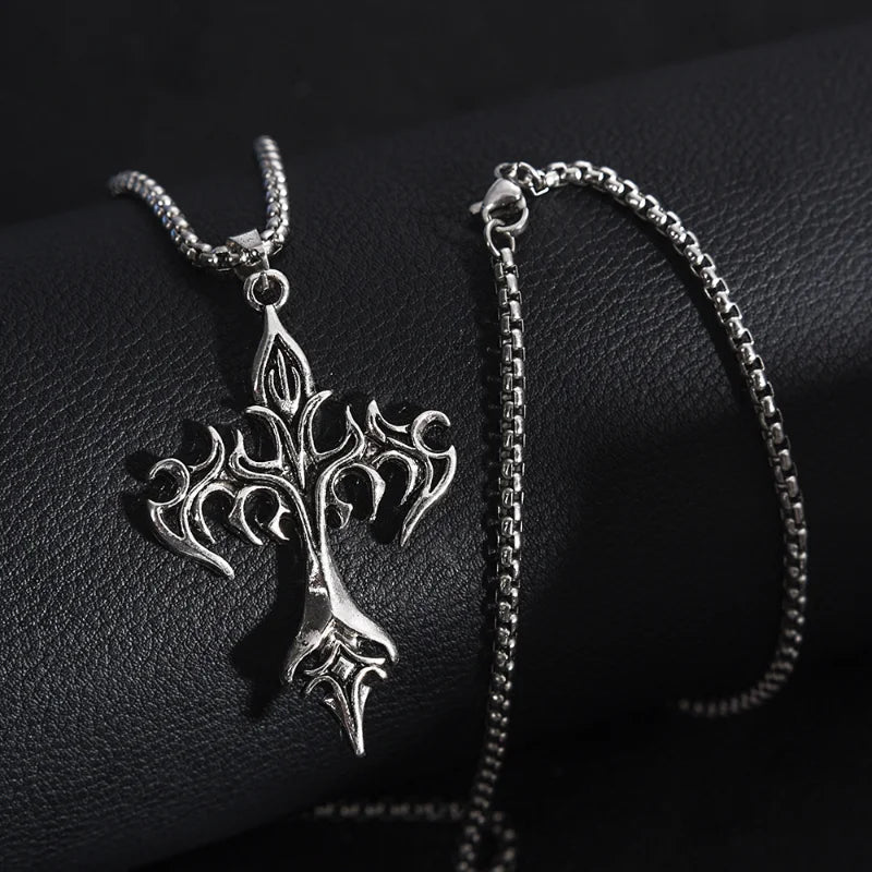 Flame Cross Pendant Chain Necklace Long Cross Jewelry Chain