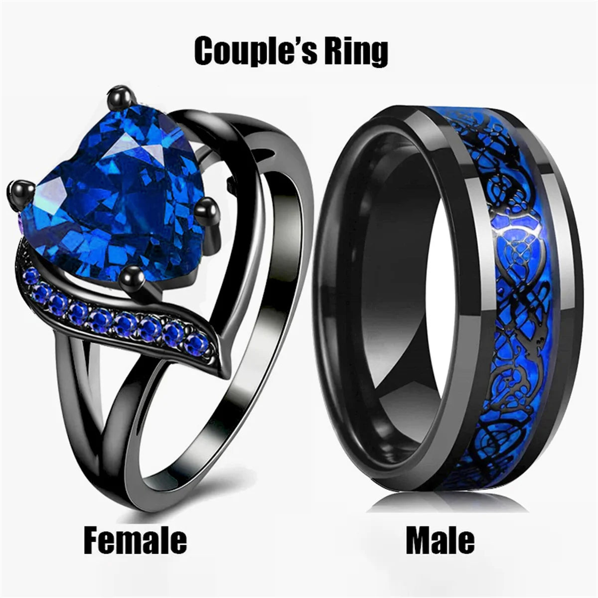 Fashion Couple Promise Rings Romantic Women Heart Blue Rhinestones Zircon Ring Men Stainless Steel Celtic Dragon Ring Jewelry