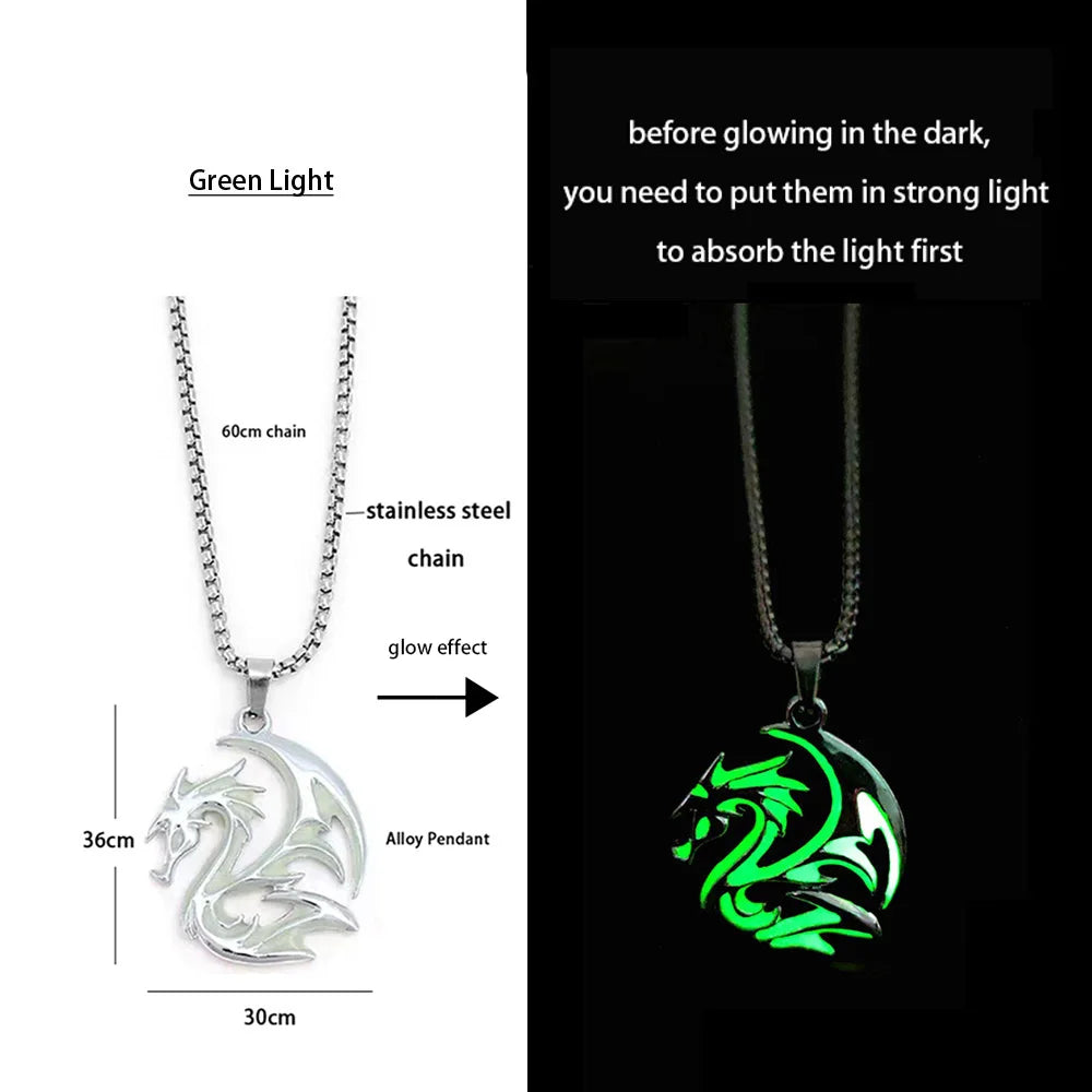 Stainless Steel Chain Luminous Dragon Pendant Glowing Necklace Night Glow In The Dark Necklace