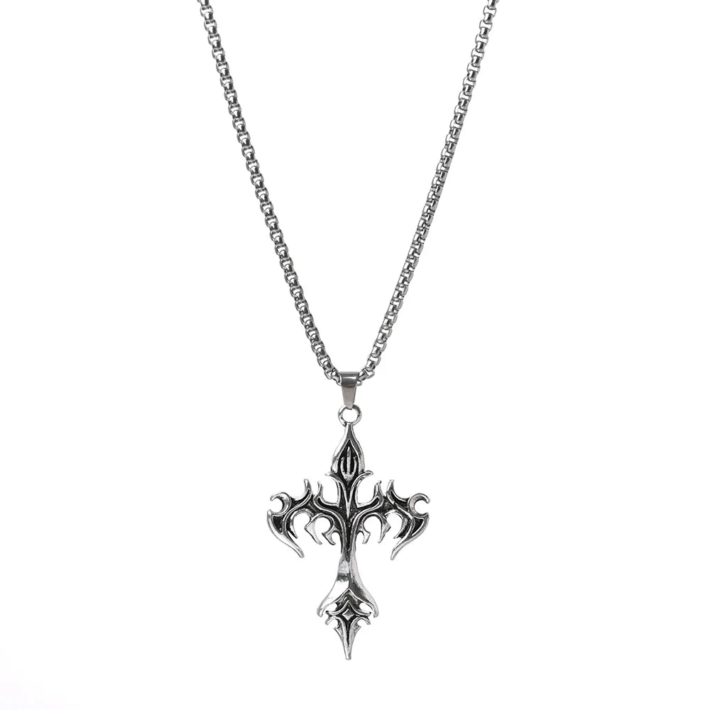 Flame Cross Pendant Chain Necklace Long Cross Jewelry Chain