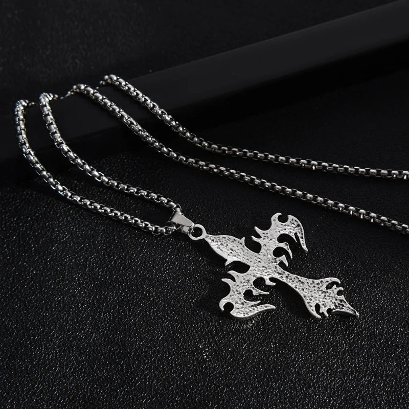 Flame Cross Pendant Chain Necklace Long Cross Jewelry Chain