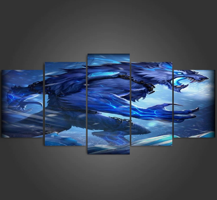 Icy Blue Werewolf Alpha 5 Pieces Canvas Wolf Chained Wall Art Bedroom Home Decor Wall Werewolf 5 Panel Canvas