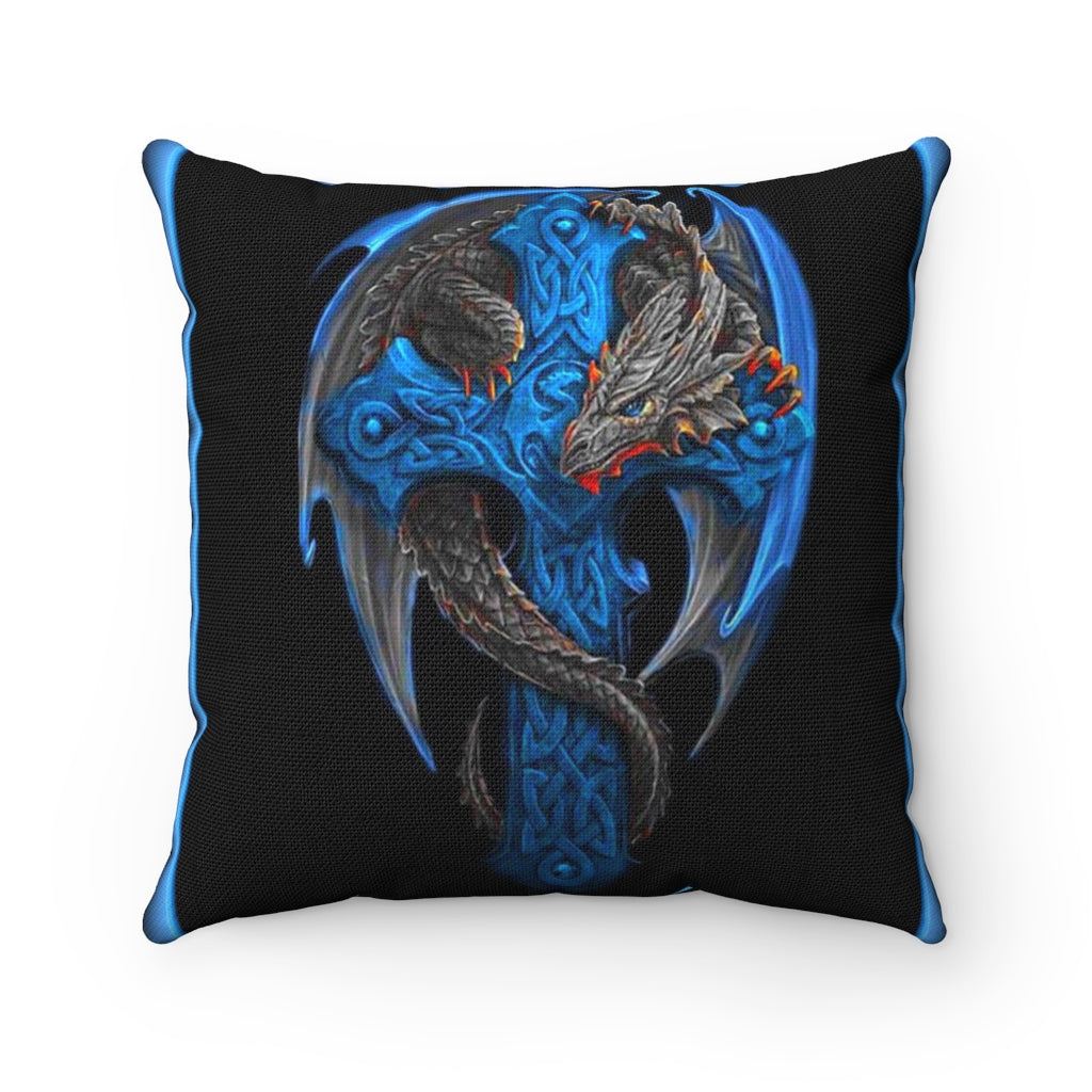 Blue Cross Dragon Polyester Square Pillow Front and Back