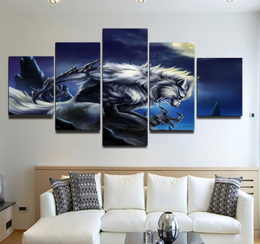 Alpha White Werewolf 5 Pieces Wall Art Canvas Wolf Decoration Living Room 5 Panel Canvas