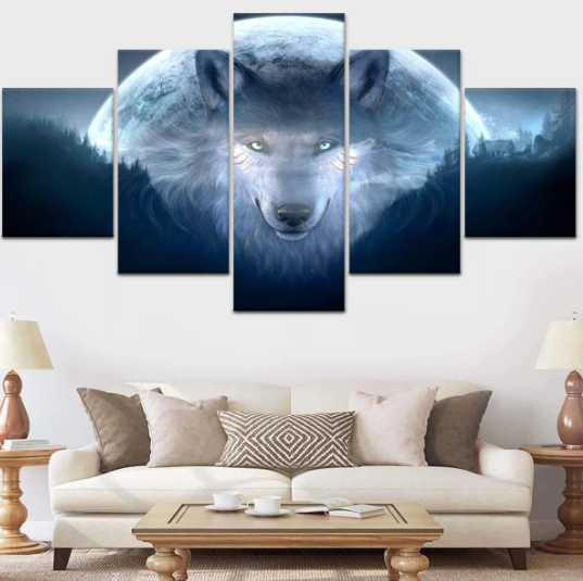 Blue Wolf Light Cloud 5 Panel Canvas Art Home Decoration Living Room Canvas