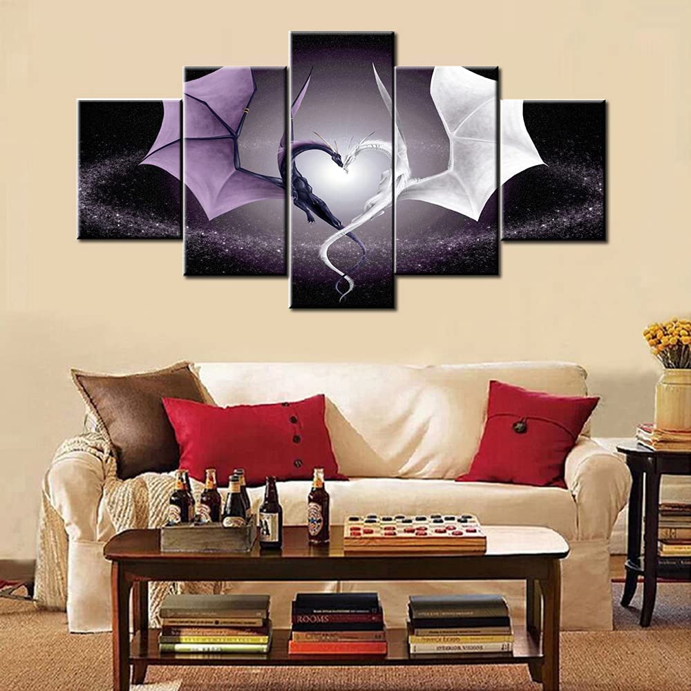 Dragon Love Heart 5 Pieces Canvas Black and White Dragon Wall Art Home Decor 5 Panel Dragon Canvas