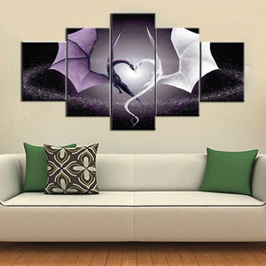 Dragon Love Heart 5 Pieces Canvas Black and White Dragon Wall Art Home Decor 5 Panel Dragon Canvas