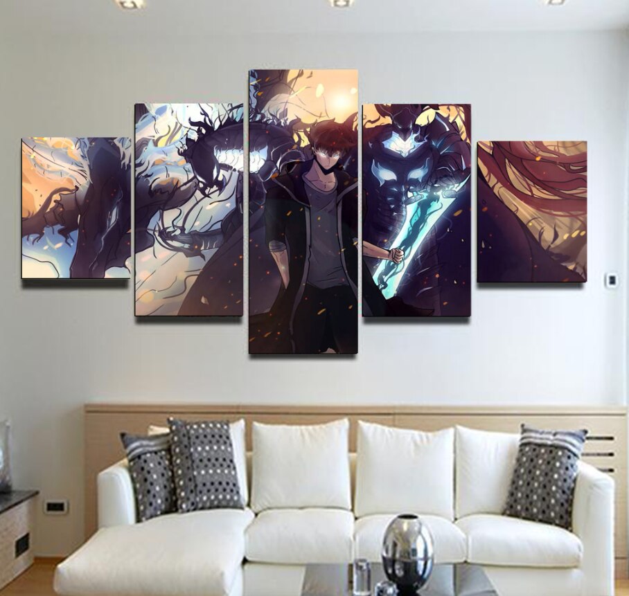 Sung Jin-Woo Crew 5 Pieces Canvas Wall Art Decor Home Living Room Decorations 5 Panel Solo Leveling Canvas
