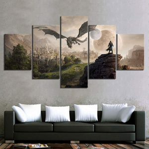 Dragon Rider 5 Pieces Canvas Painting Art Wall Sky Clouds Home Decoration Dragon 5 Panel Canvas