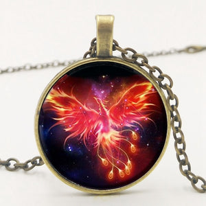 Starry Sky Beast Phoenix Constellation Gold Saint Glass Pendant Necklace Classic Comic Memory Jewelry