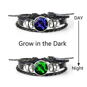 12 Constellation Zodiac Sign Black Braided Leather Bracelet Glass Dome Jewelry Punk Bracelet None Luminous and Luminous