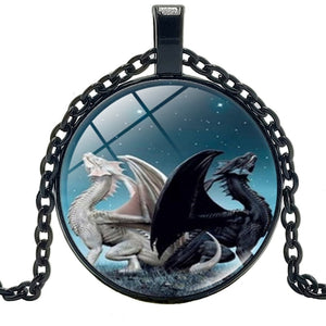 Black Dragon White Dragon Yin Yang Necklace Glass Convex Round Pendant Necklace