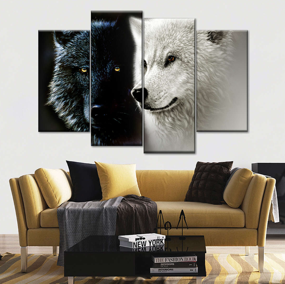 Black White Wolf 5 Pieces Canvas Wall Art Living Room Home Decor Painting Ying Yang Wolf 5 Panel Canvas