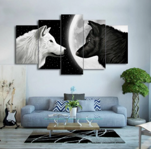White and Black Wolf 5 Pieces Canvas Wall Art Living Room Decoration Ying Yang Wolves Canvas