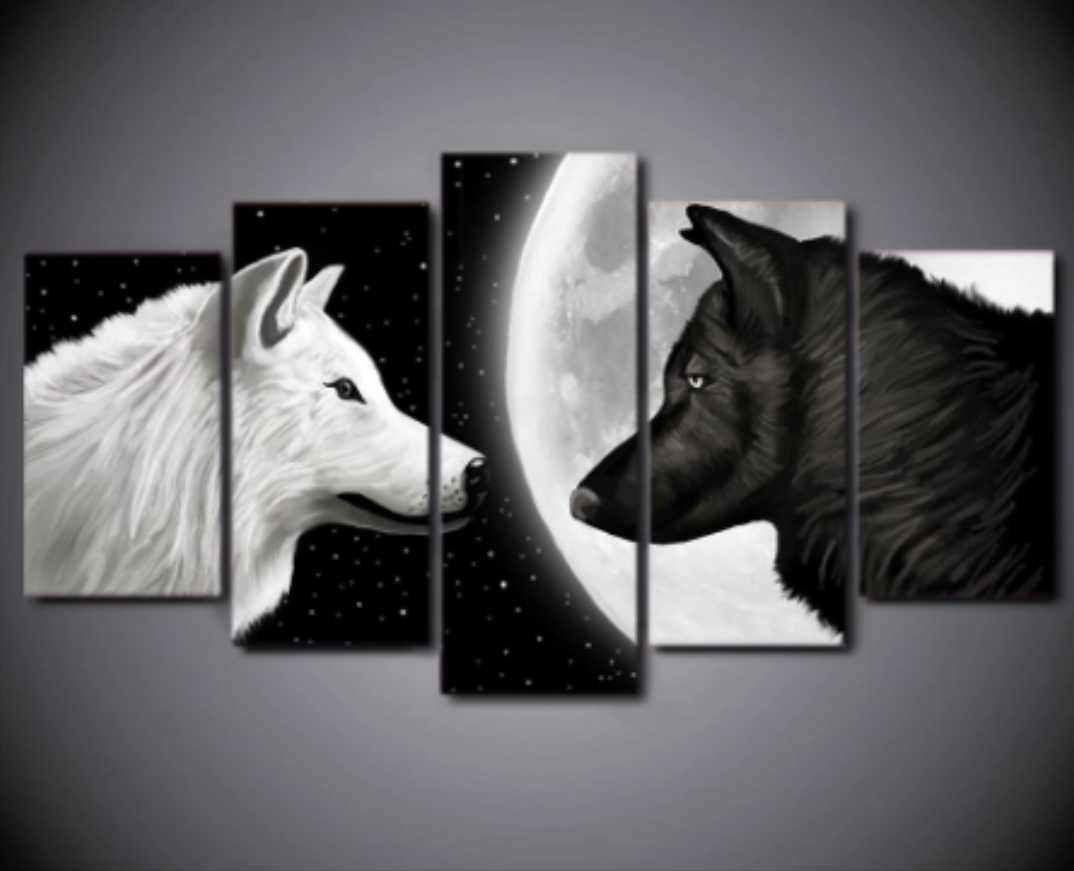 White and Black Wolf 5 Pieces Canvas Wall Art Living Room Decoration Ying Yang Wolves Canvas