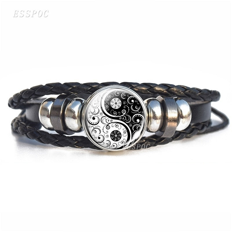 Black White Tai Chi Snap Button Bracelet Different Design Yin Yang Jewelry Steampunk Leather Bangle Weave Jewelry Bracelet