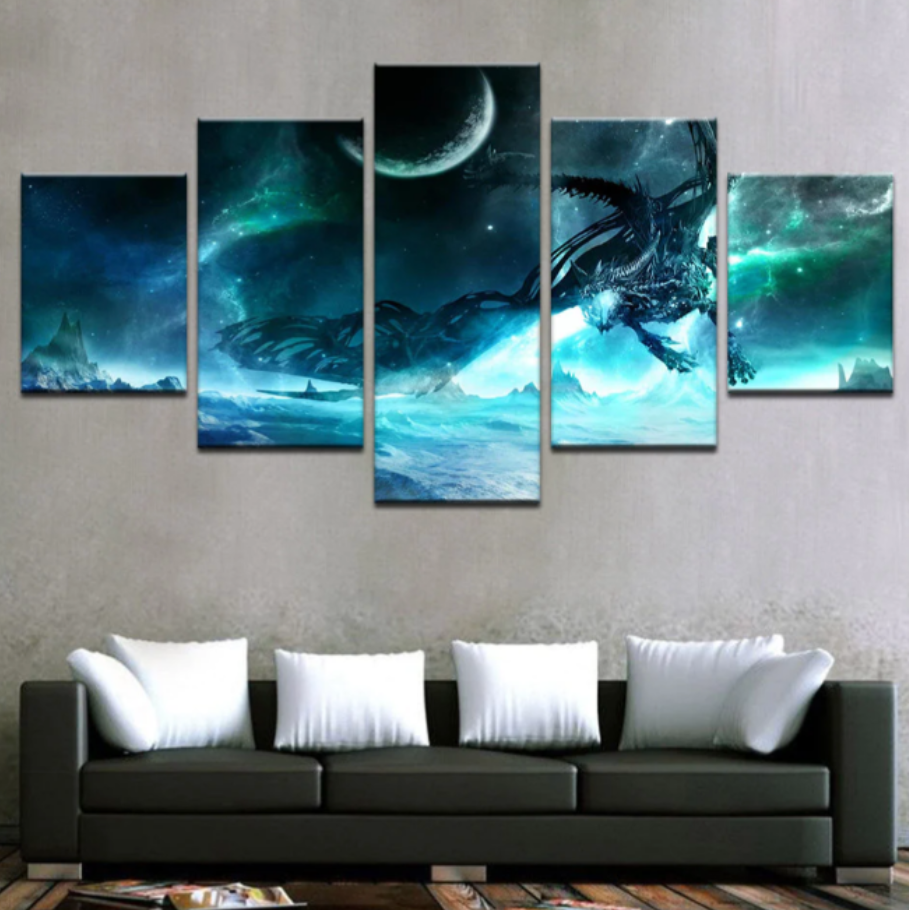 Blue Black Dragon 5 Pieces Canvas Art Wall Home Room Dragon 5 Panel Canvas