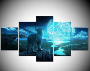 Wolf Moonlight 5 Pieces Canvas Wall Art Home Decor Living Room 5 Panel Canvas
