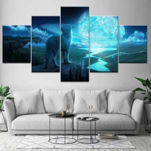 Wolf Moonlight 5 Pieces Canvas Wall Art Home Decor Living Room 5 Panel Canvas