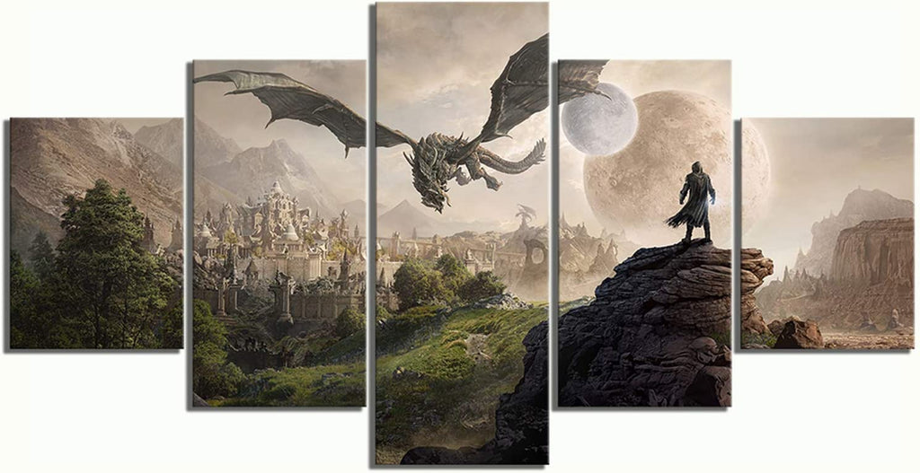 Dragon Rider 5 Pieces Canvas Painting Art Wall Sky Clouds Home Decoration Dragon 5 Panel Canvas