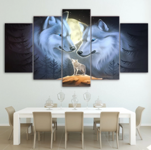 Wolf Family Full Moon 5 Panel Canvas Wall Art Home Decor 5 Piece Room Decor Canvas