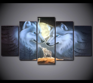 Wolf Family Full Moon 5 Panel Canvas Wall Art Home Decor 5 Piece Room Decor Canvas