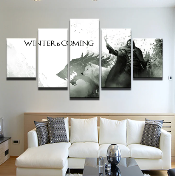 Jon Snow White Wolf Wall Art 5 Panels Canvas Painting Home Decoration Winter is Coming Canvas