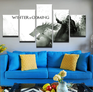 Jon Snow White Wolf Wall Art 5 Panels Canvas Painting Home Decoration Winter is Coming Canvas