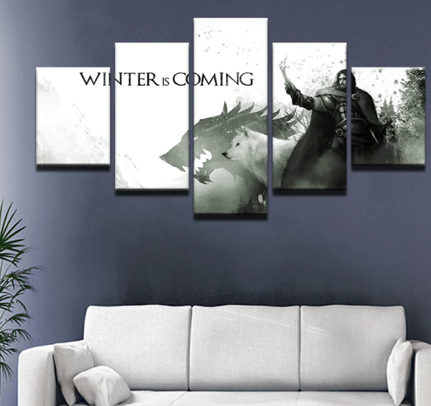 Game of Thrones Jon Snow White Wolf Ghost Wall Art 5 Panels Canvas Home Decoration Canvas