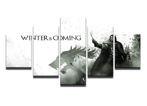 Jon Snow White Wolf Wall Art 5 Panels Canvas Painting Home Decoration Winter is Coming Canvas