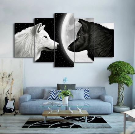 White and Black Wolf 5 Pieces Canvas Wall Art Living Room Decoration Ying Yang Wolves Canvas