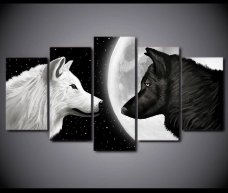 White and Black Wolf 5 Pieces Canvas Wall Art Living Room Decoration Ying Yang Wolves Canvas