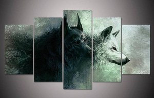 Ying Yang Canvas Art Wall 5 Panel Black and White Wolf Home Decoration Living Room Canvas