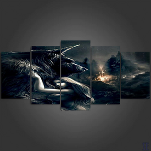 Protect The One You 5 Pieces Canvas Living Room Home Decor Wall Art Wolf and Girl 5 Panel Canvas