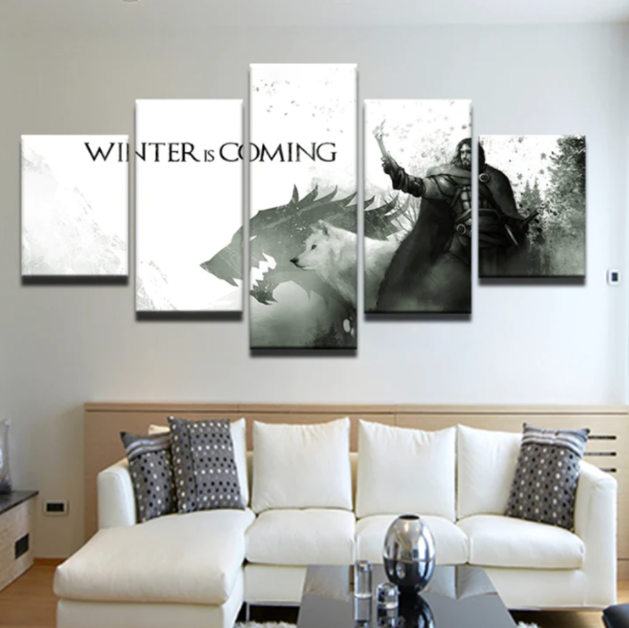 Jon Snow White Wolf Wall Art 5 Panels Canvas Painting Home Decoration Winter is Coming Canvas