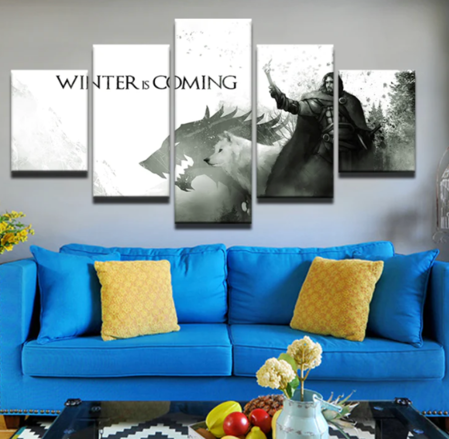 Game of Thrones Jon Snow White Wolf Ghost Wall Art 5 Panels Canvas Home Decoration Canvas