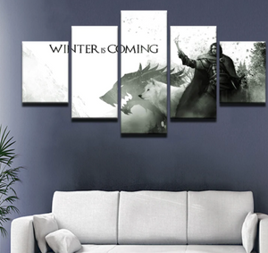 Jon Snow White Wolf Wall Art 5 Panels Canvas Painting Home Decoration Winter is Coming Canvas