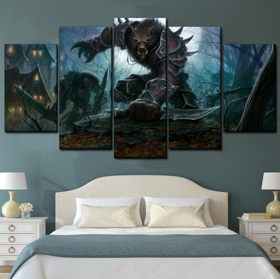 Night WereWolf Wall Art Canvas Printed 5 Panel Painting Home Decoration Living Room