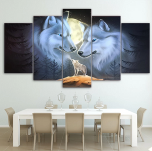 Wolf Family Full Moon 5 Panel Canvas Wall Art Home Decor 5 Piece Room Decor Canvas